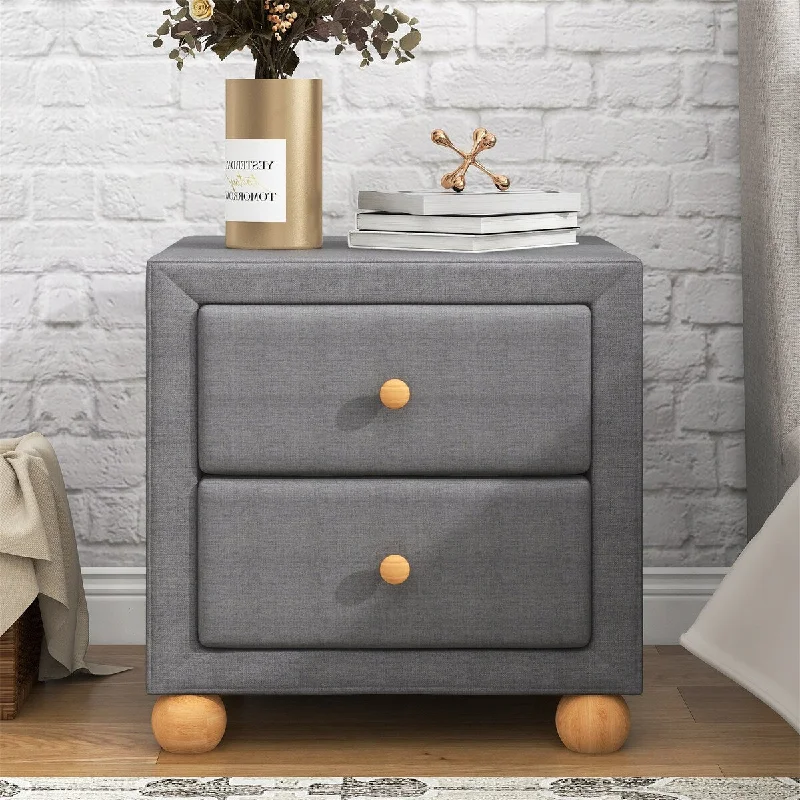 Upholstered Storage Nightstand 2 Drawers Natural Wood Knobs Dark Gray