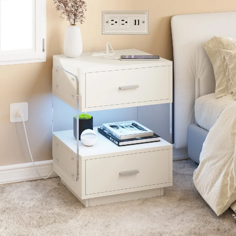 White Nightstand with Charging Station and LED Lights, Modern Night Stand with 2 Drawers and Open Storage Space