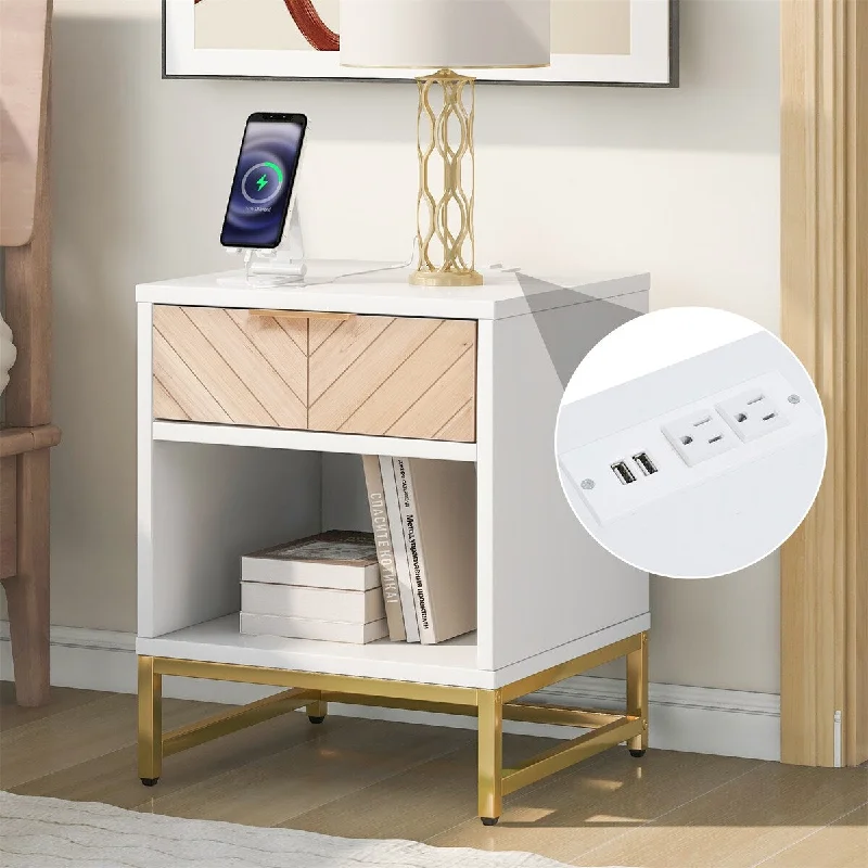 Wood Nightstand With USB Charging Station And Drawer