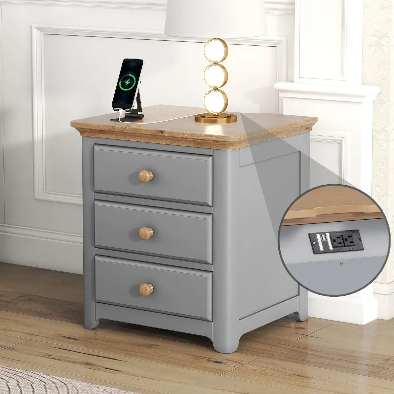 Wooden Nightstand with USB Charging Ports and 3 Drawers