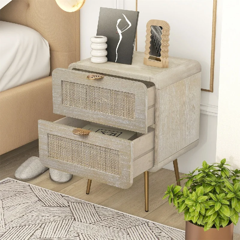 Wooden Rattan Panel Nightstand with 2 Drawers and Metal Feet